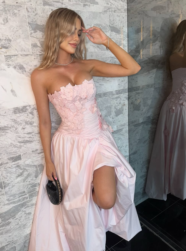 Light Pink A Line Strapless Appliques Satin Long Prom Dress Evening Dress DP1466