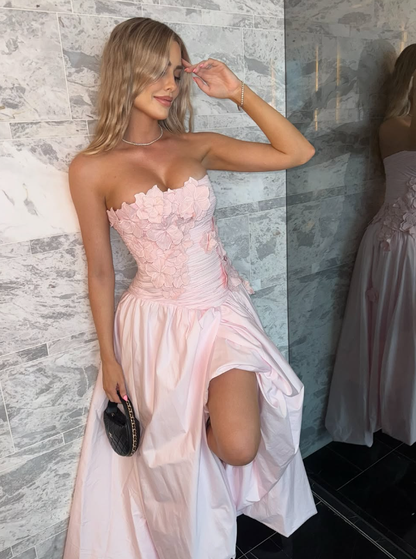 Light Pink A Line Strapless Appliques Satin Long Prom Dress Evening Dress DP1466