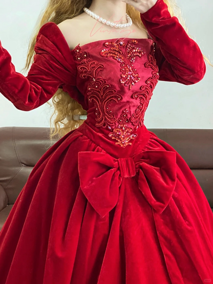 Vintage Red Ball Gown Long Sleeve Beaded Velvet Prom Dress Graduation Ball Gown DP4571