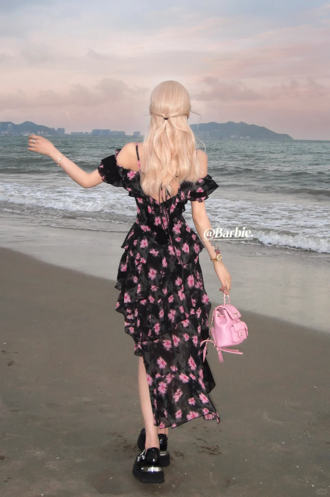 Pink Print Floral A Line Straps Black Chiffon Prom Dress Evening Dress DP5765