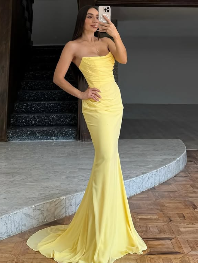 Pretty Yellow Sheath Strapless Chiffon Prom Dress Evening Dress Date Dress DP6192