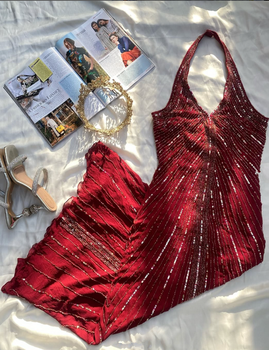 Burgundy Mermaid Halter Beads Sequins Chiffon Prom Dress Evening Dress DP1373