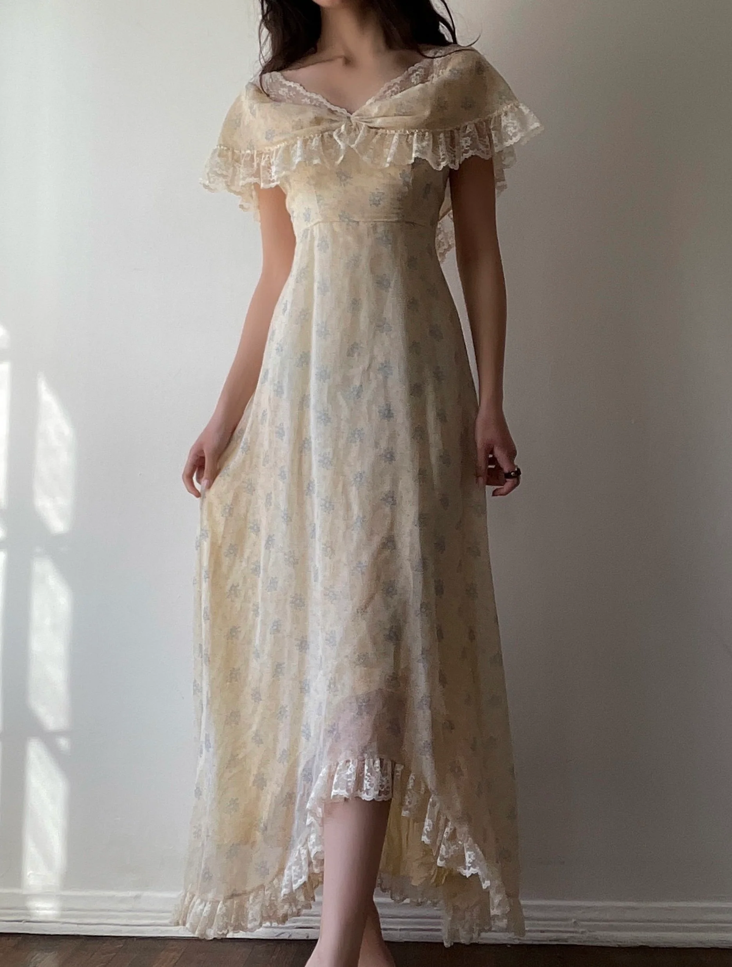 Yellow Print Floral A Line Off the Shoulder Lace Chiffon Prom Dresses Evening Dress Date Dress DP3421