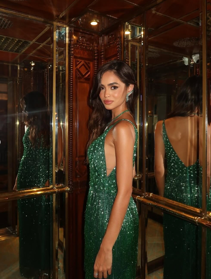 Dark Green Sequin Beaded V Neck Long Prom Dress Date Dress Evening Dress DP3000