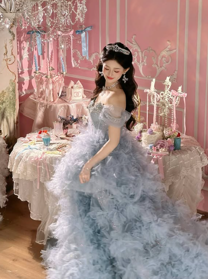 Stunning Blue Ball Gown Off the Shoulder Beaded Tulle Long Prom Dress DP4609