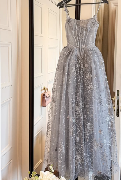 Dreamy Blue A Line Spaghetti Straps Embroidered Beaded Tulle Prom Dress Evening Dress DP6134