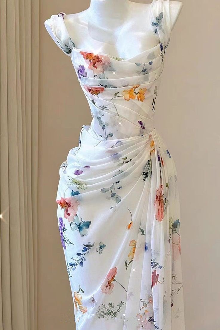 Floral Printed Chiffon Mermaid Pleatingg Sheath Charming Bridesmaid Dress Prom Dress DP202