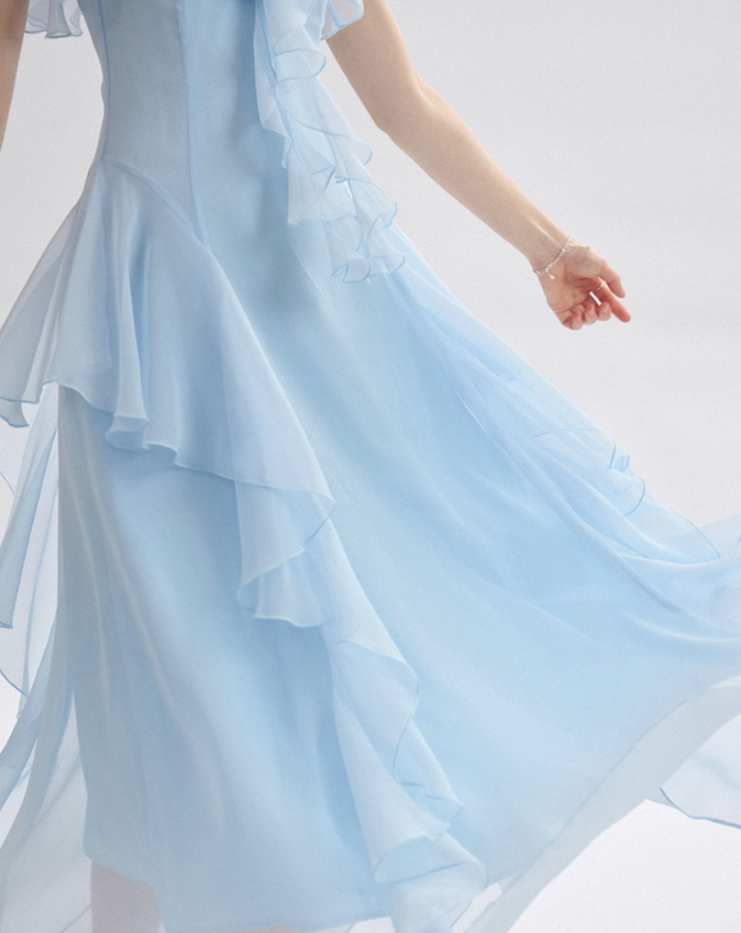 Gentle Baby Blue A Line Spaghetti Strap Ruffle Chiffon Prom Dress Vacation Dress Outfits DP3652