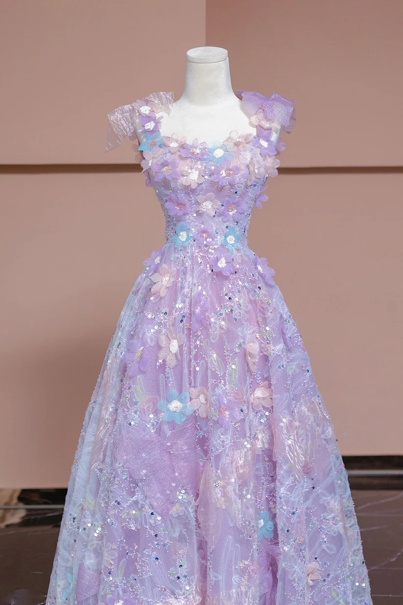 Purple Fairy Tulle Flowers Long Prom Dress A-Line Evening Party Dress DP488