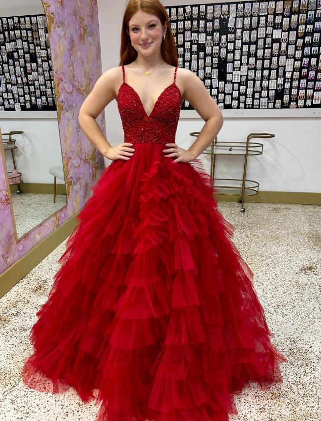 Charming Red A Line Spaghetti Strap Beaded Tulle Long Prom Dress Evening Dress DP6572