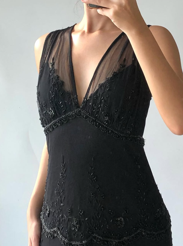 Vintage Sheath V Neck Beaded Tiered Black Chiffon Prom Dress Evening Dress DP1717
