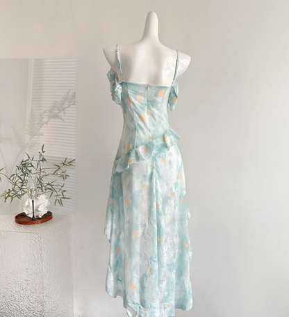Blue A Line Spaghetti Strap Beaded Layered Chiffon Vacation Dress Homecoming Dress Outfits DP3547