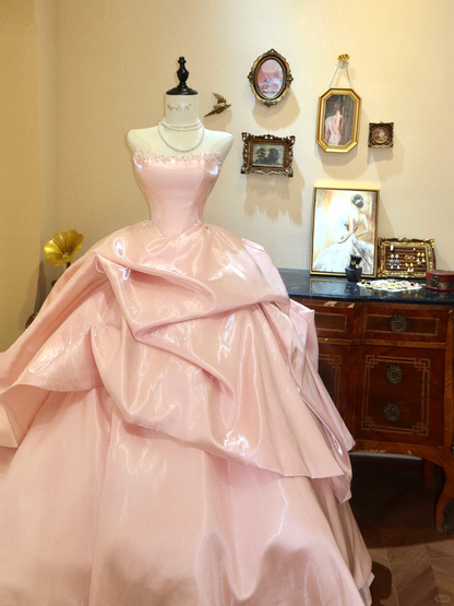 Unique Pink Ball Gown Strapless Shiny Beaded Pleated Satin Long Prom Dress Evening Dress DP7055