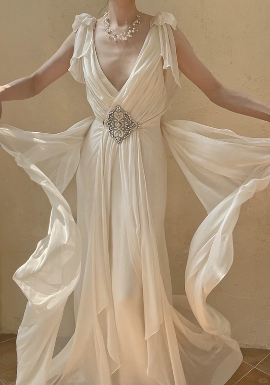 Flowy Retro A Line V Neck Beaded Chiffon Long Prom Dress Evening Dress DP3325