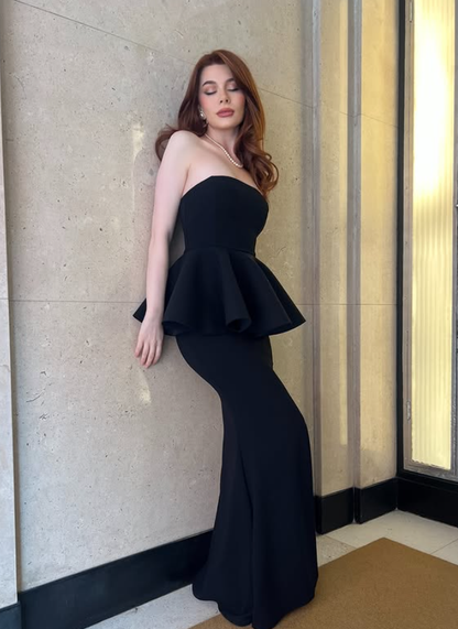 Classic Black Mermaid Strapless Satin Long Prom Dress Evening Dress DP4313