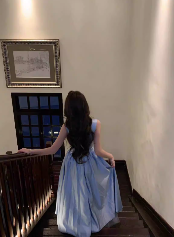 Blue Bow Simple A Line Straps Satin Prom Dress Evening Dress Formal Dress DP3159