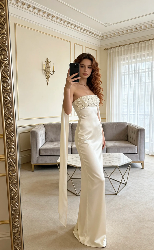 Elegant Iovry A Line Floral Satin Long Prom Dress Evening Dress DP5149