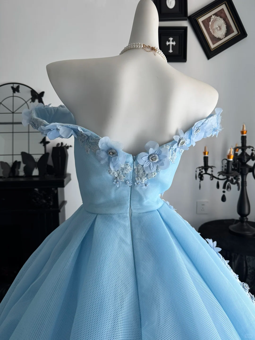 Baby Blue Ball Gown Off the Shoulder Floral Tulle Prom Dress Quinceanera Dress DP6957