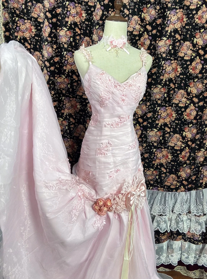 Light Pink Retro Mermaid Strap Pleated Beaded Floral Organza Satin Prom Dress Formal Dress DP3207