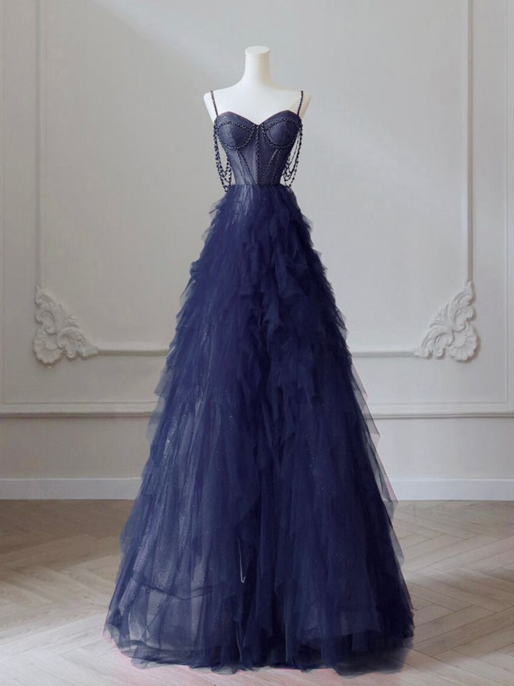 A-Line Sweetheart Neck Tulle Navy Blue Long Prom Dress Graduation Dress DP191