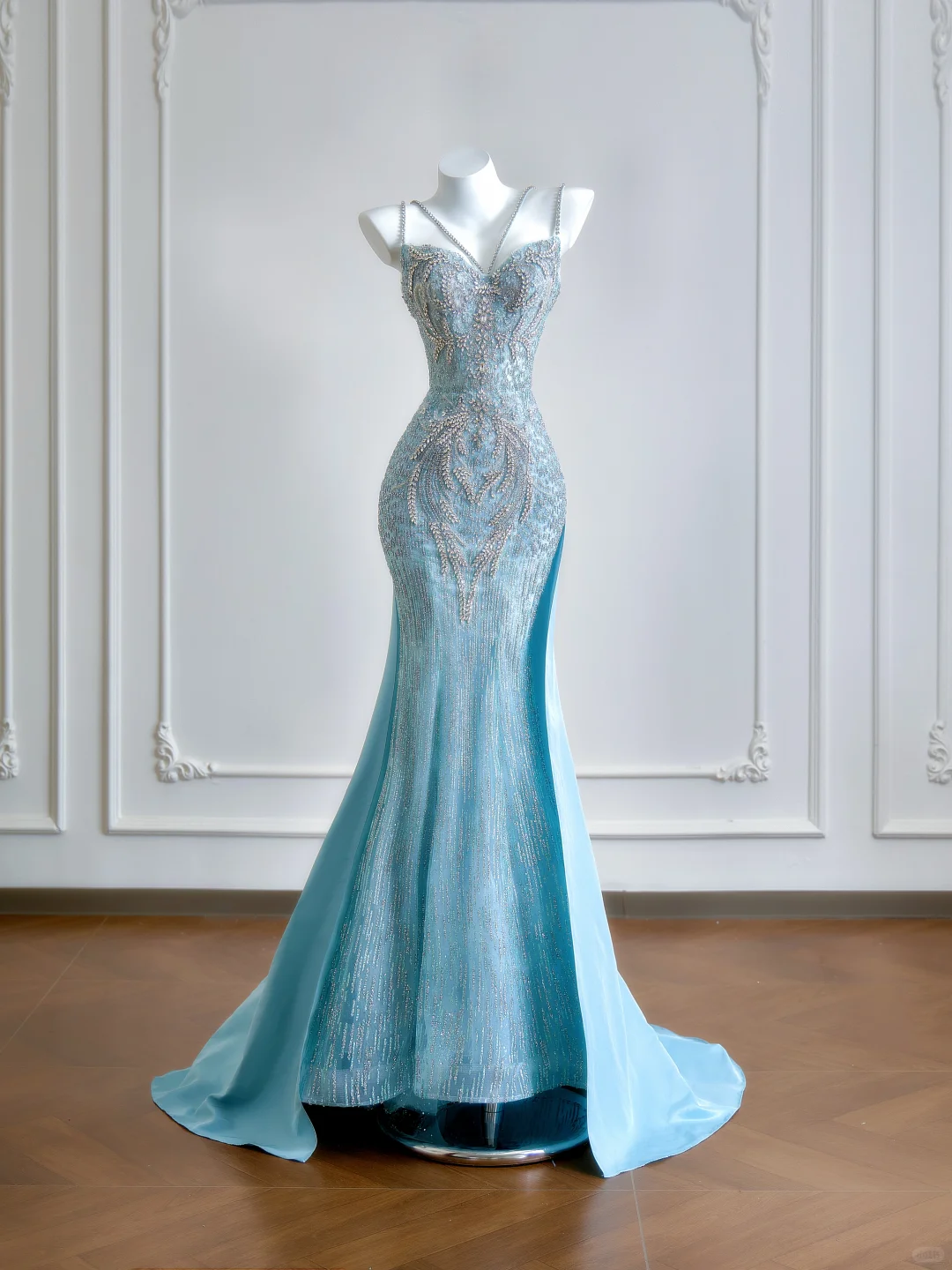 Blue Mermaid Spaghetti Strap Exquisite Beaded Satin Long Prom Dresses DP4185