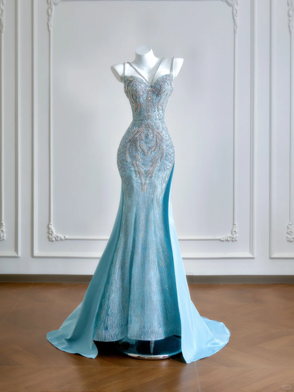 Blue Mermaid Spaghetti Strap Exquisite Beaded Satin Long Prom Dresses DP4185