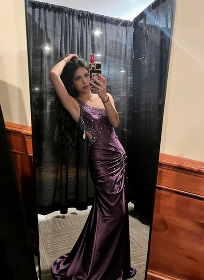 Vintage Purple A Line One Shoulder Pleated Beaded Satin Long Formal Prom Dress Evening Dress DP3073