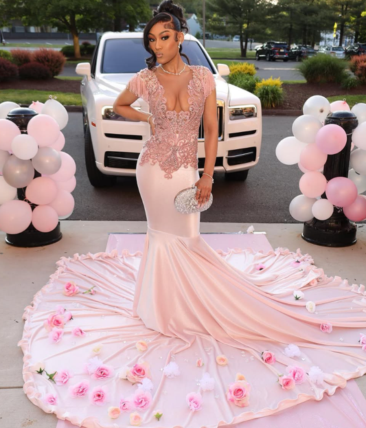 Gorgeous Mermaid V Neck Beaded Pink Satin Long Sweep Prom Dress Evening Dress DP1691