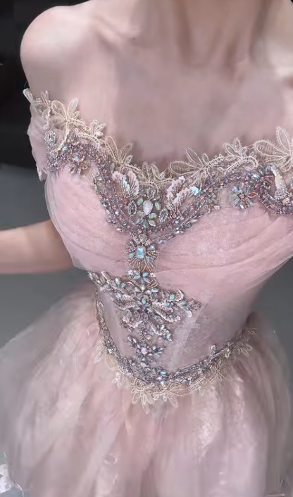 Princess Pink Ball Gown Off the Shoulder Beaded Tulle Long Prom Dress DP7868