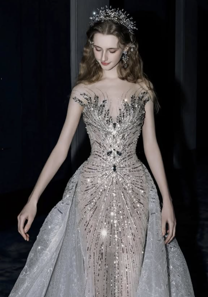 Silver Sequin Ball Gown V Neck Exquisite Beaded Tulle Long Prom Dress DP4389