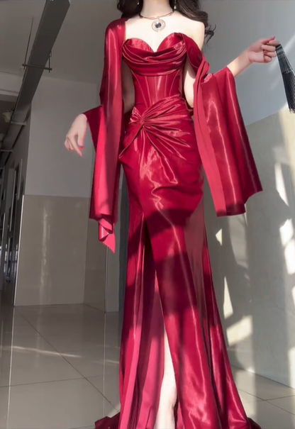 Elegant Burgundy Mermaid Off the Shoulder Satin Slit Prom Dress Graduation Ball Gown DP4561