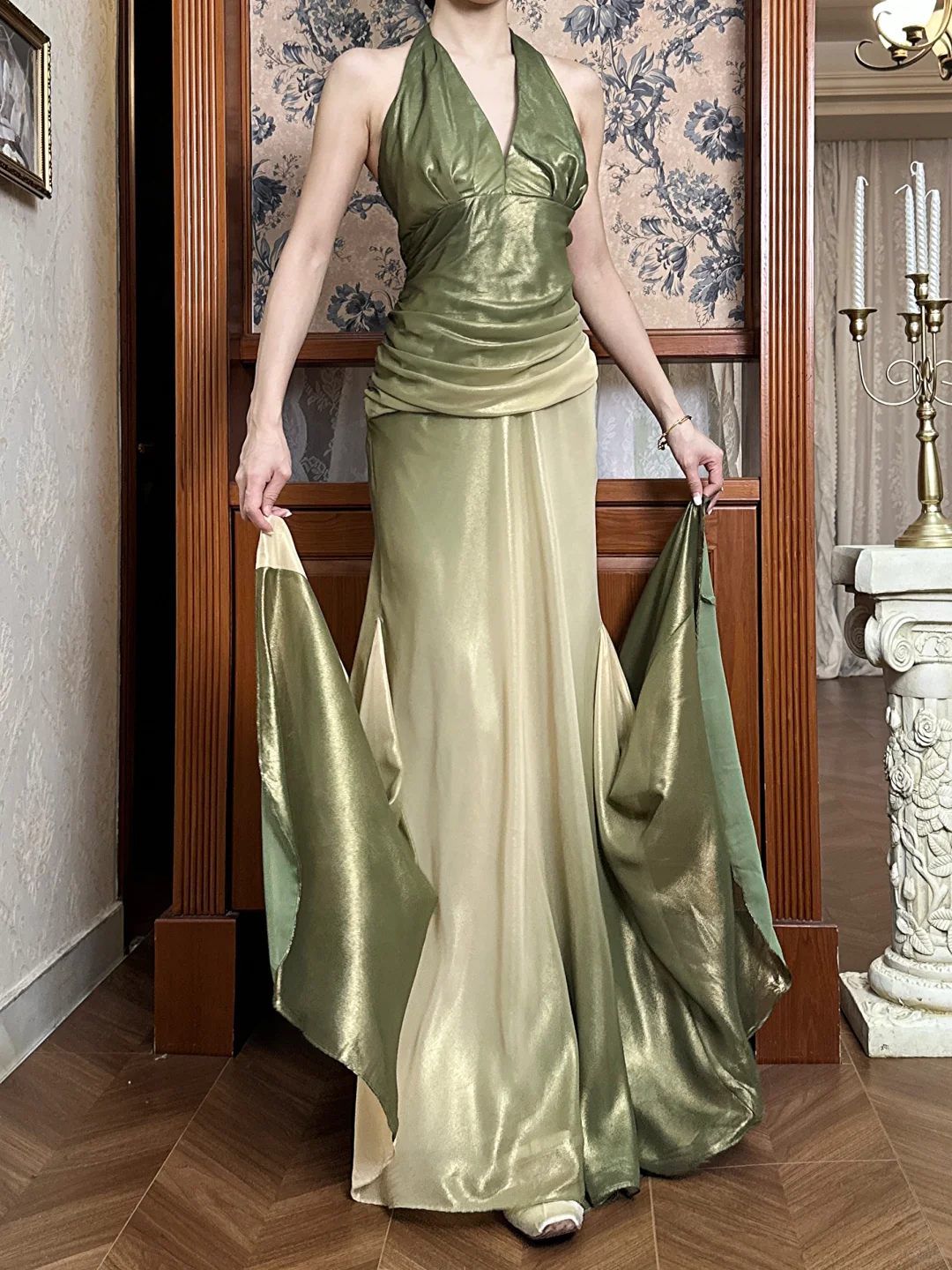 Vintage Green Ombre Mermaid Halter Chiffon Open Back Prom Dress DP4824