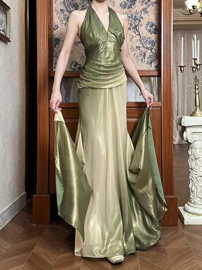 Vintage Green Ombre Mermaid Halter Chiffon Open Back Prom Dress DP4824