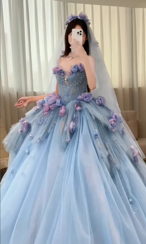 Blue Floral Ball Gown Sweetheart Neck Exquisite Beaded Tulle Long Prom Dress DP4604