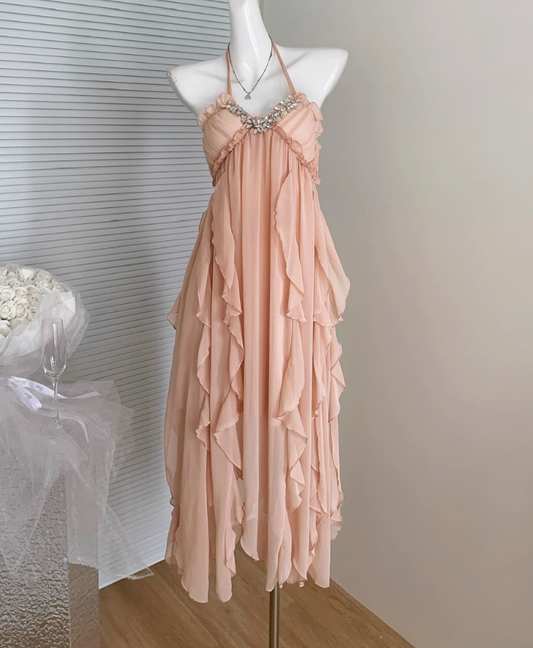 Elegant A Line Halter Rhinestone Ruffle Chiffon Vacation Dress Summer Dress Outfits DP3558