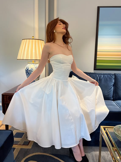 Cute White A Line Sweetheart Neck Satin Prom Dress Date Dress DP4288