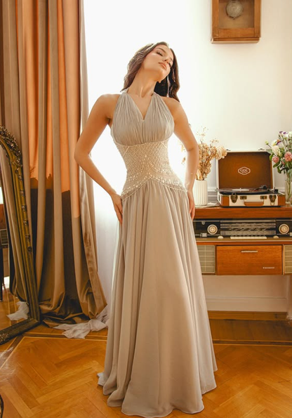 Elegant A Line Halter Beaded Chiffon Long Prom Dress Evening Dress DP6063