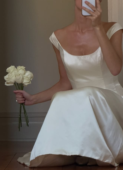 Vintage Simple High-class A Line Strap White Satin Wedding Dress DP7705