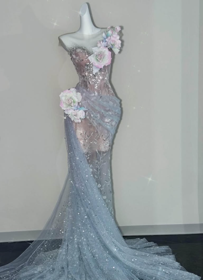 Gentle Blue Mermaid One Shoulder Exquisite 3D Floral Tulle Prom Dress Evening Dress DP6625