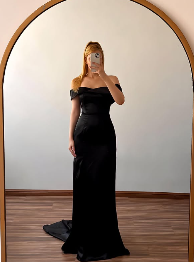 Black Sheath Off the Shoulder Satin Long Prom Dress Evening Dress DP6500