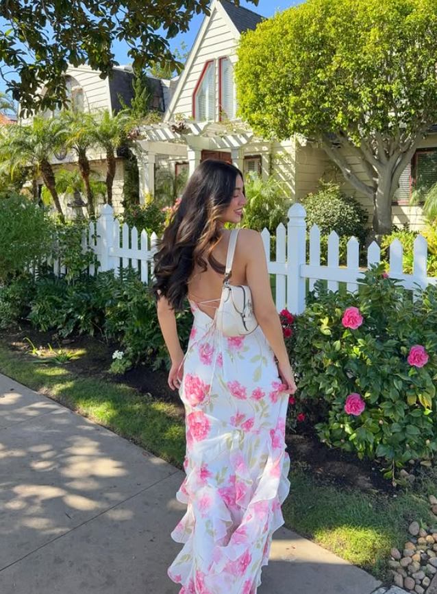 Pretty Sheath Straps Pink Print Floral Ruffle Chiffon Prom Dress Evening Dress Vacation Dress DP5608