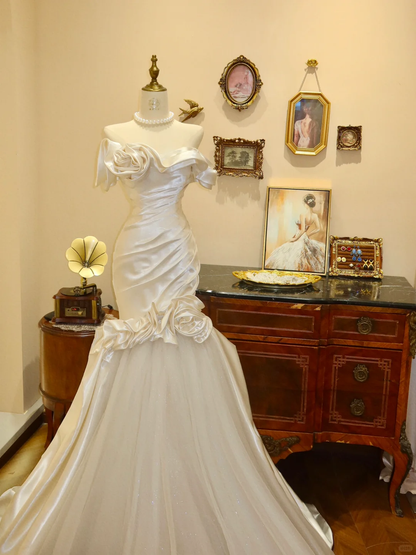 Beautiful Mermaid Off the Shoulder Floral Ivory Tulle Prom Dress Wedding Dress DP7042