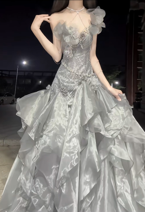 Stunning Grey Ball Gown Off the Shoulder Beaded Organza Satin Prom Dress Party Dress DP4593