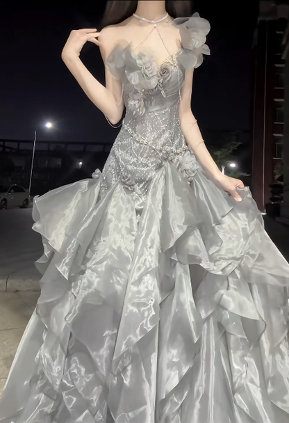 Stunning Grey Ball Gown Off the Shoulder Beaded Organza Satin Prom Dress Party Dress DP4593