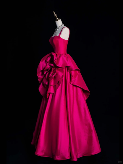Barbie Pink A Line Spaghetti Strap Flower Satin Long Prom Dress Evening Dress DP2129