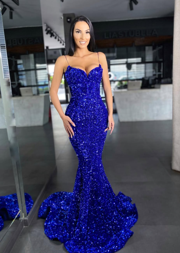 Sexy Royal Blue Mermaid Spaghetti Strap Sequin Prom Dress Evening Dress DP5599