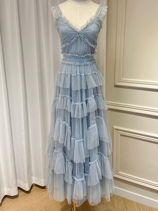 Elegant Blue Tulle Layers Long Prom Dress  DP161