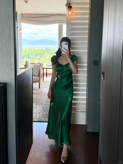 Lily of the valley Embroidery Emerald Satin Prom Dress DP5161