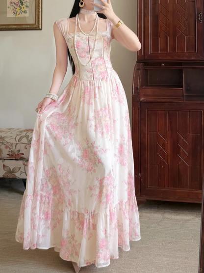 Sweety Pink Print Floral A Line Straps Chiffon Prom Dress Evening Dress DP6454