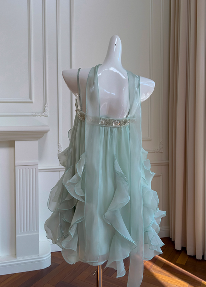 Stunning Green Two Piece A Line Beaded Tulle Chiffon Prom Dress Wedding Guest Dress DP4488